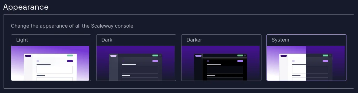 Screenshot of the Scaleway's appearance settings
