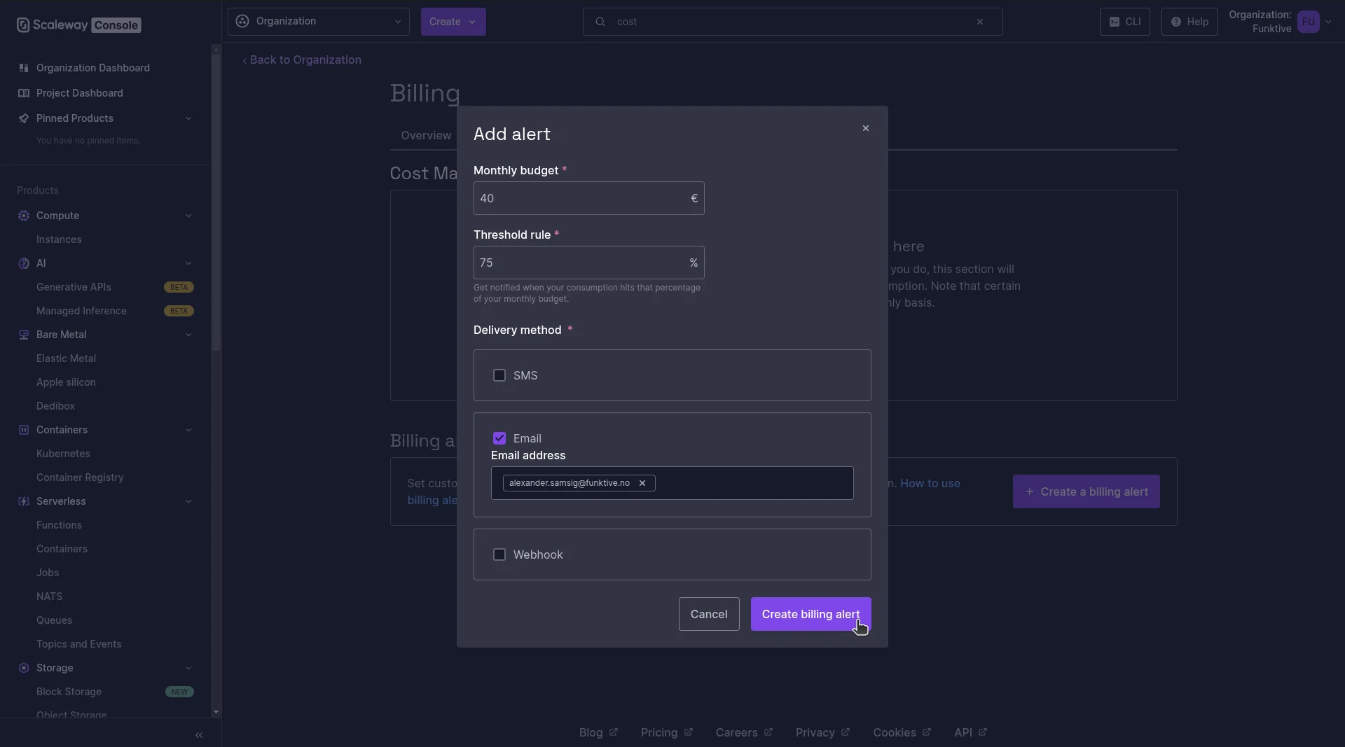 Screenshot of how to create a billing alert on Scaleway's cost manager page