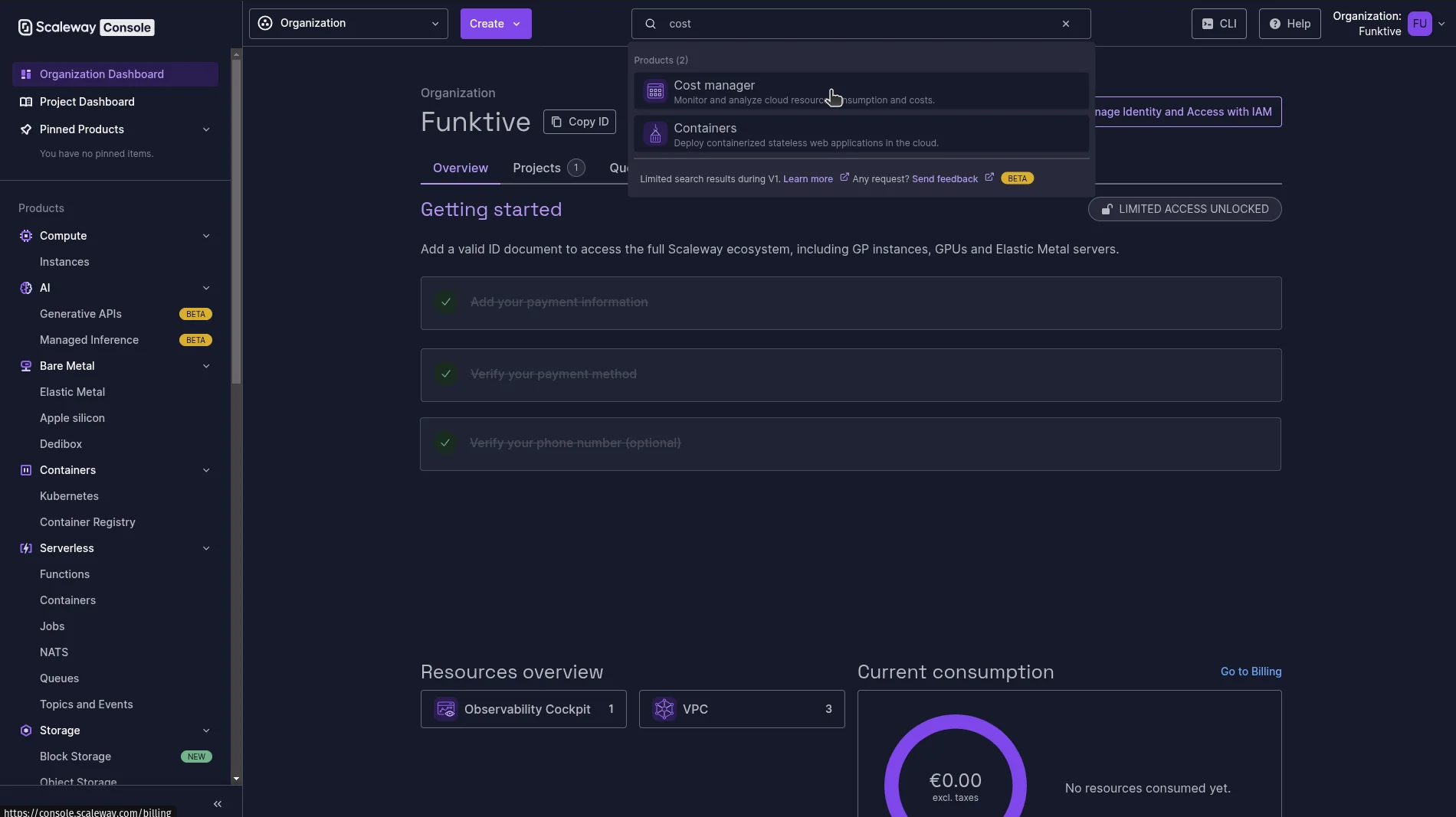 Screenshot of how to get to Scaleway's cost manager page from the dashboard
