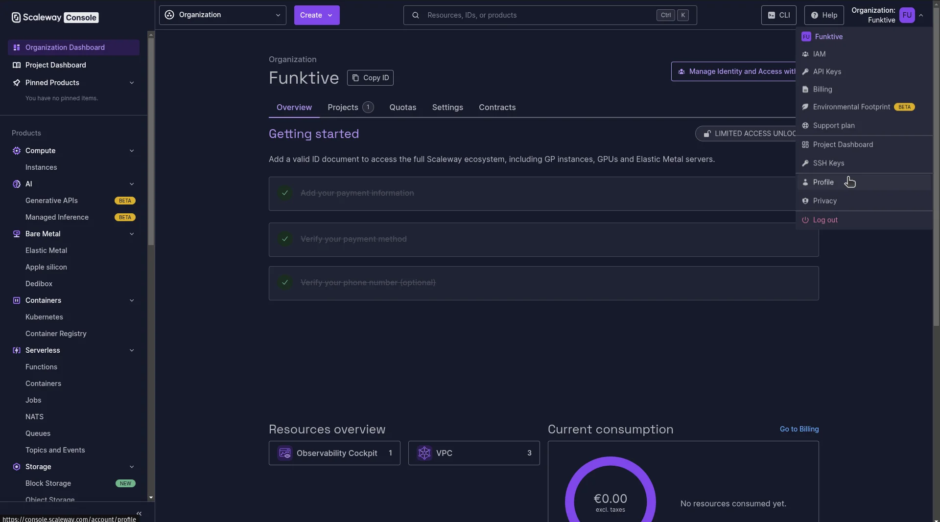 Screenshot showing how to get to Scaleway's profile page