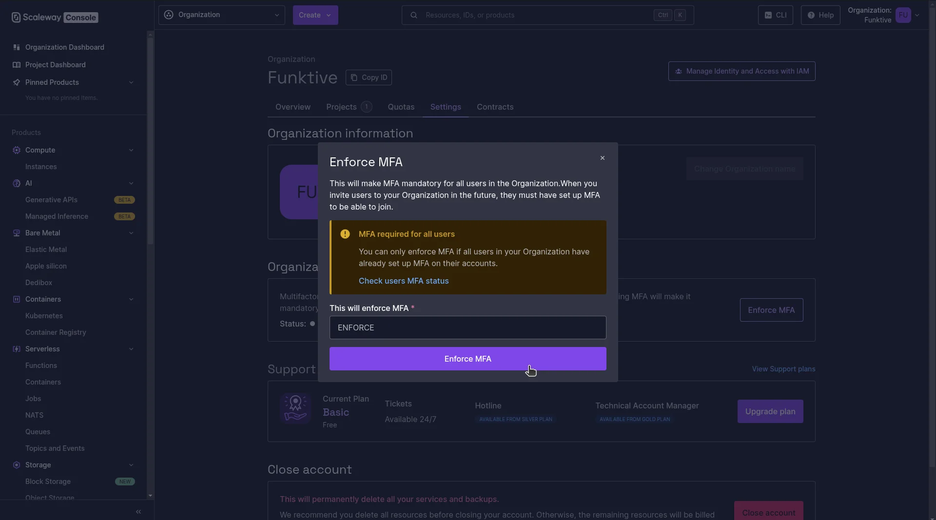Screenshot of the Scaleway's organization settings page