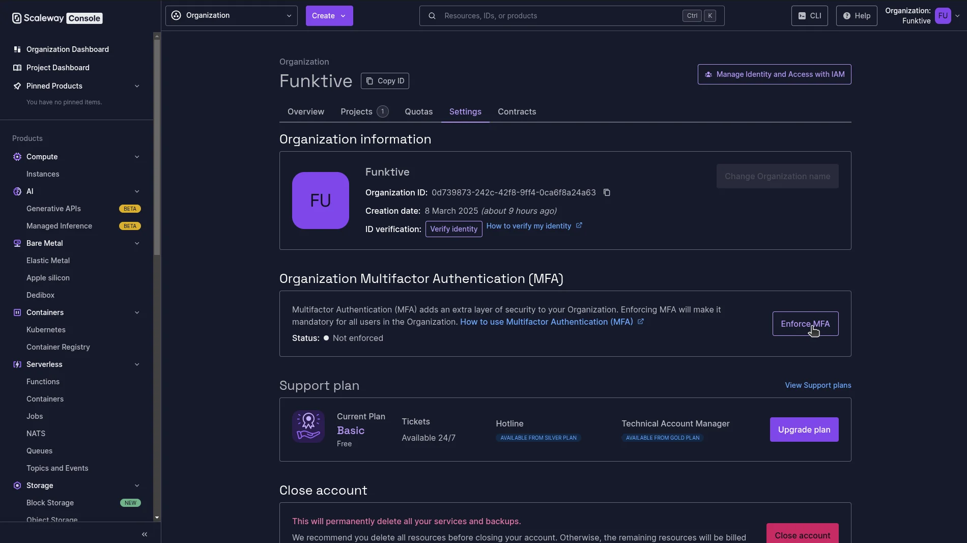 Screenshot of the Scaleway's organization settings page