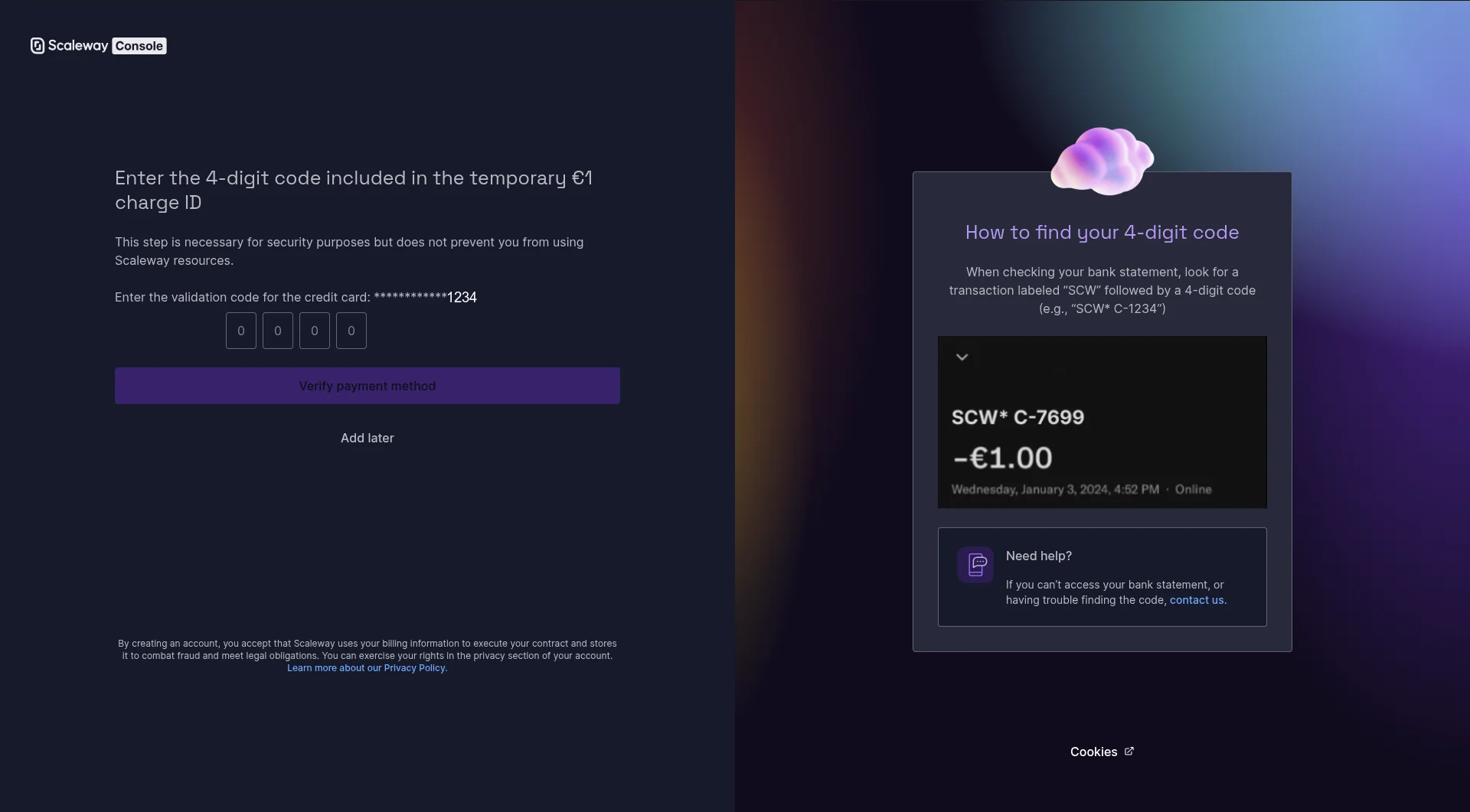 Screenshot of Scaleway's payment verification