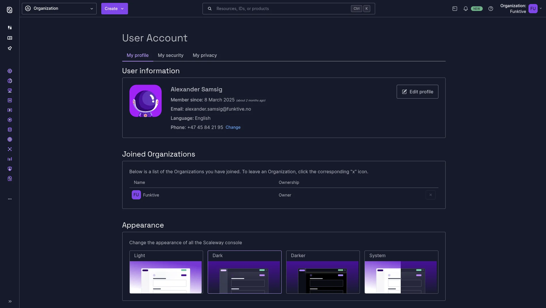 Screenshot of Scaleway's profile in dark mode