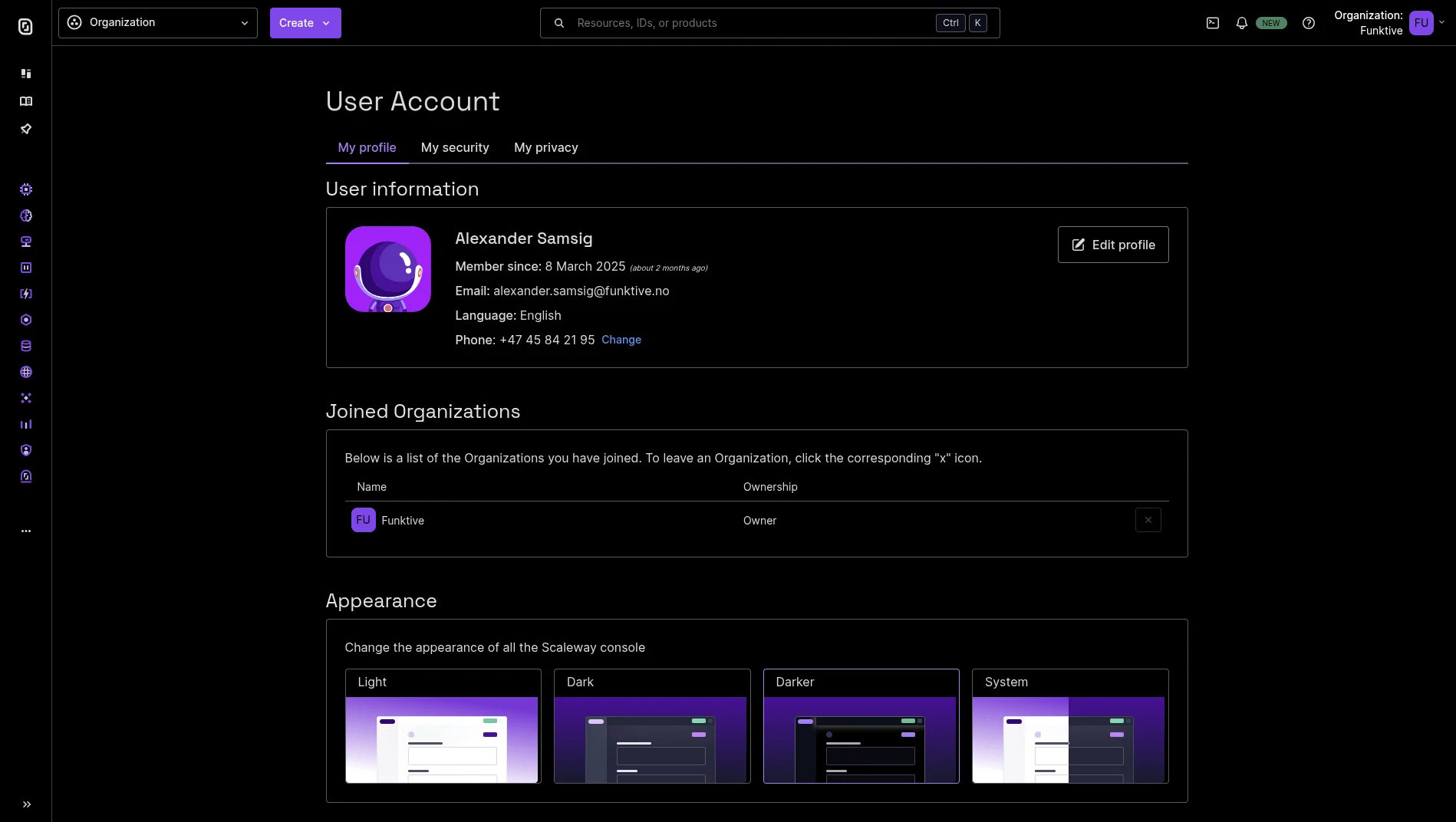 Screenshot of the Scaleway console in darker mode