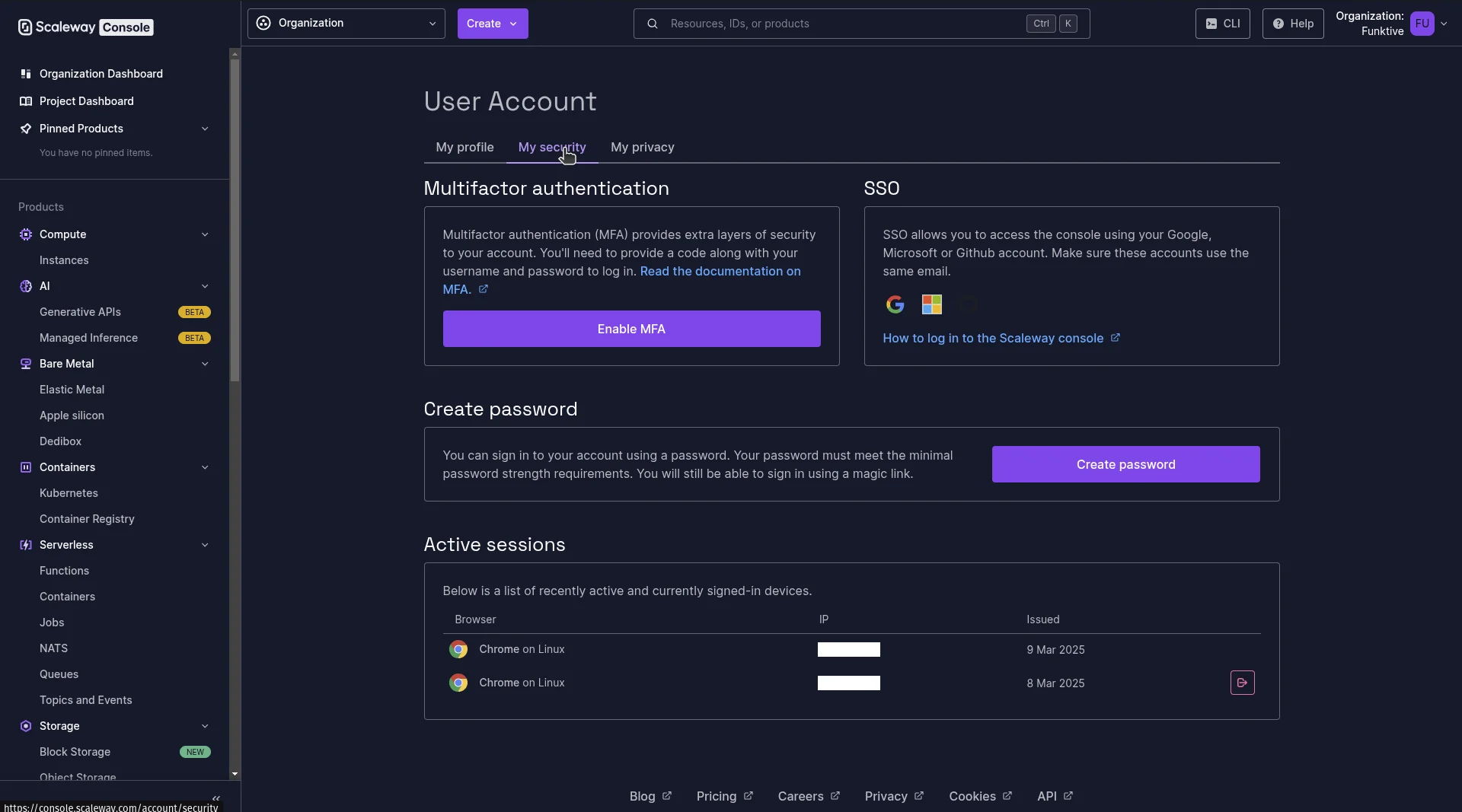 Screenshot of the Scaleway's profile security page