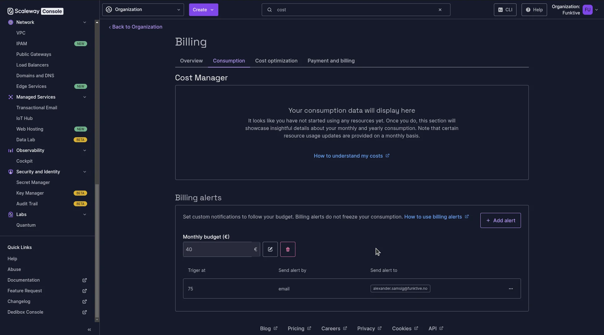 Screenshot of a billing alert on Scaleway's cost manager page