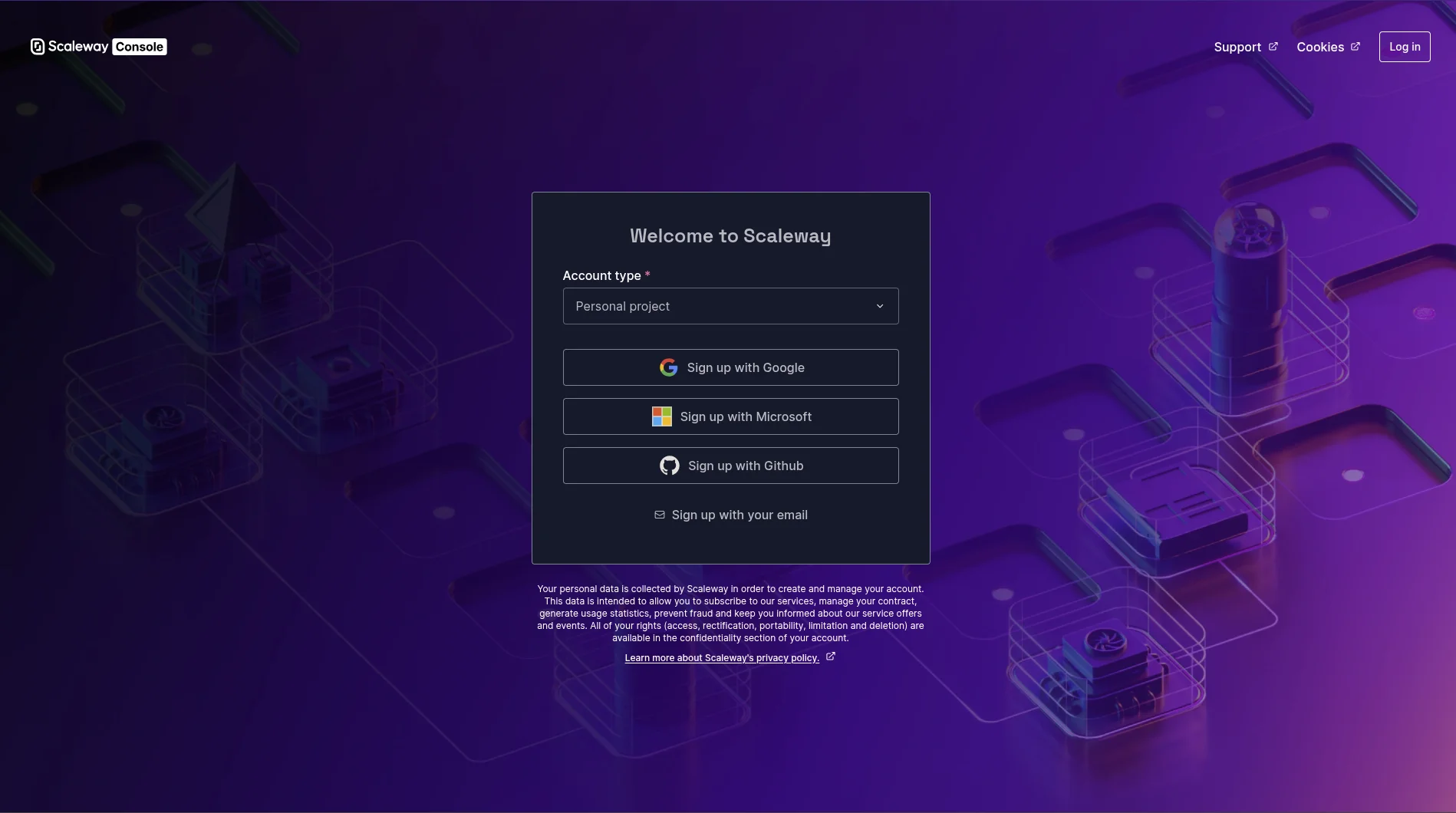 Screenshot of Scaleway's welcome page